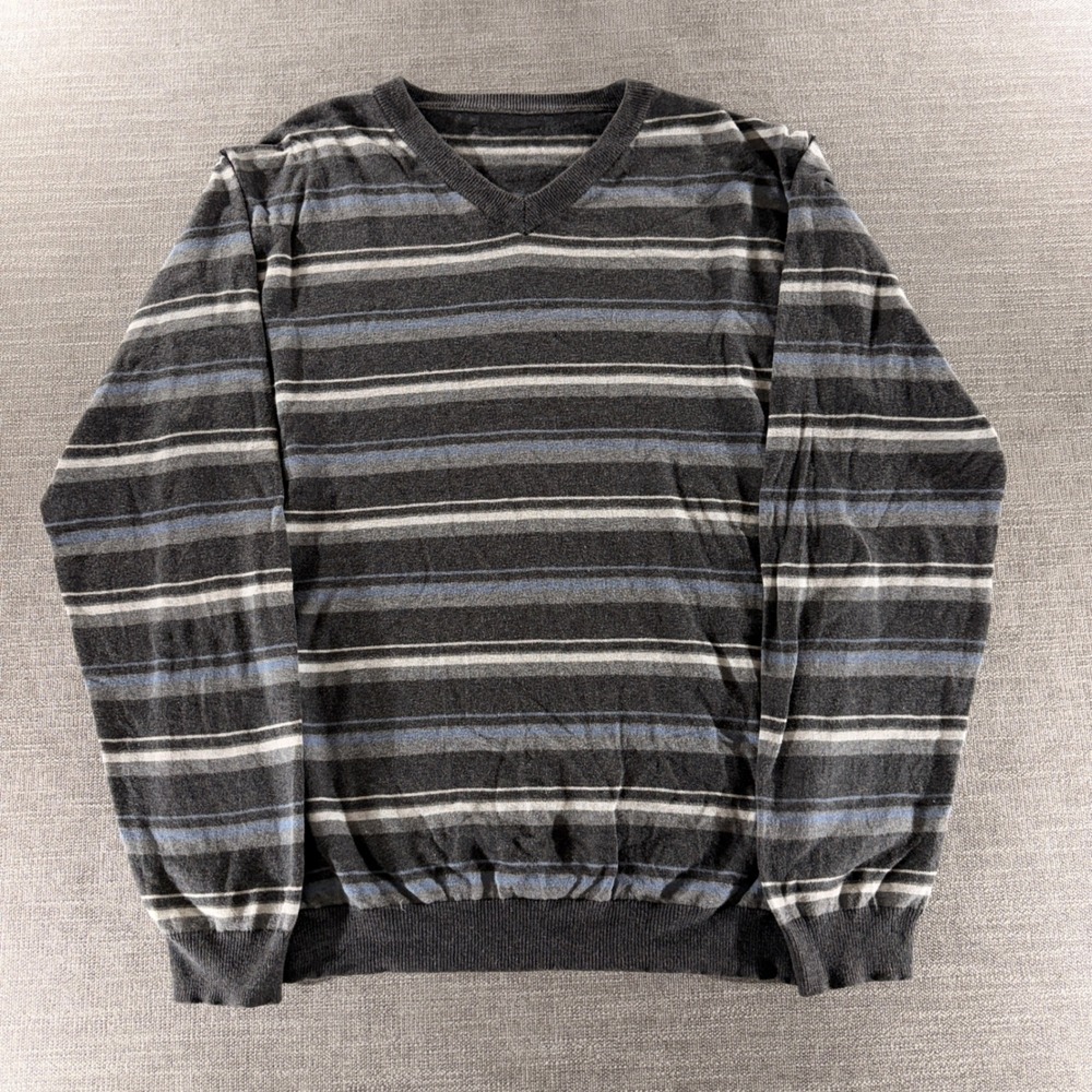 Striped V-Neck Sweater Mens XL Grey Blue Good Casual Knit